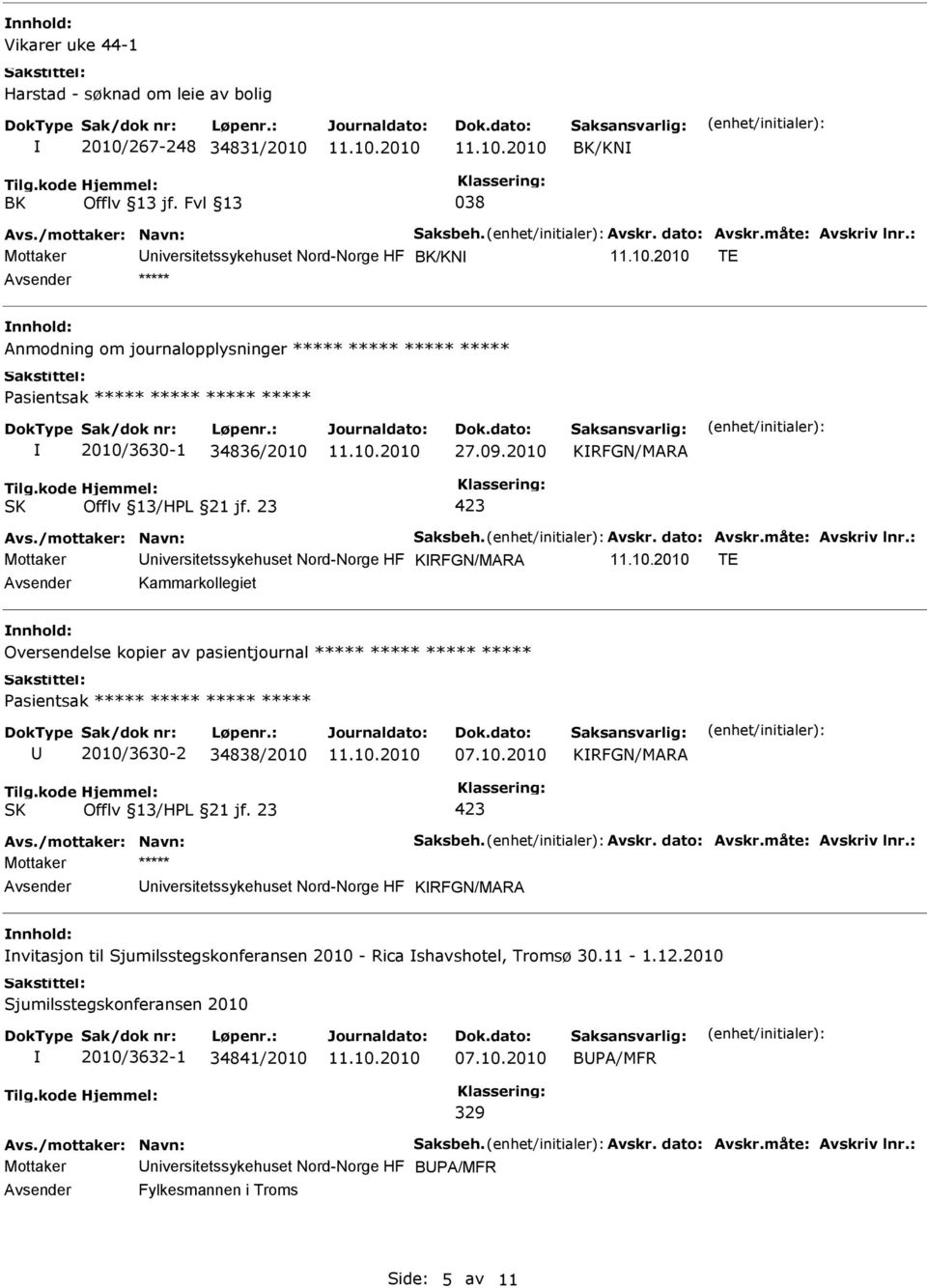 2010 KRFGN/MARA Mottaker niversitetssykehuset Nord-Norge HF KRFGN/MARA TE Kammarkollegiet Oversendelse kopier av pasientjournal ***** ***** ***** ***** 2010/3630-2 34838/2010