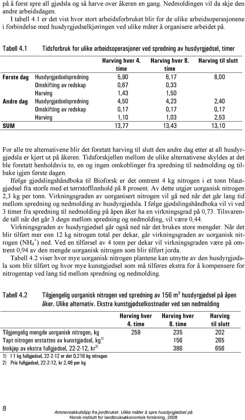 1 Tidsforbruk for ulike arbeidsoperasjoner ved spredning av husdyrgjødsel, timer Harving hver 4. Harving hver 8.