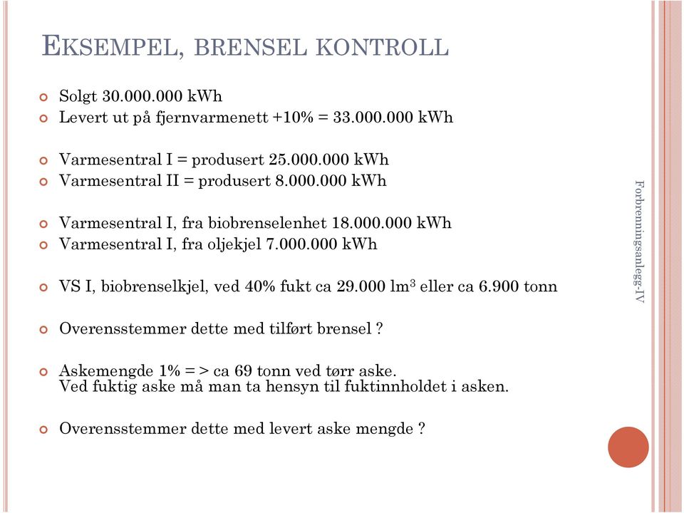 000 lm 3 eller ca 6.900 tonn Overensstemmer dette med tilført brensel? Askemengde 1% = > ca 69 tonn ved tørr aske.