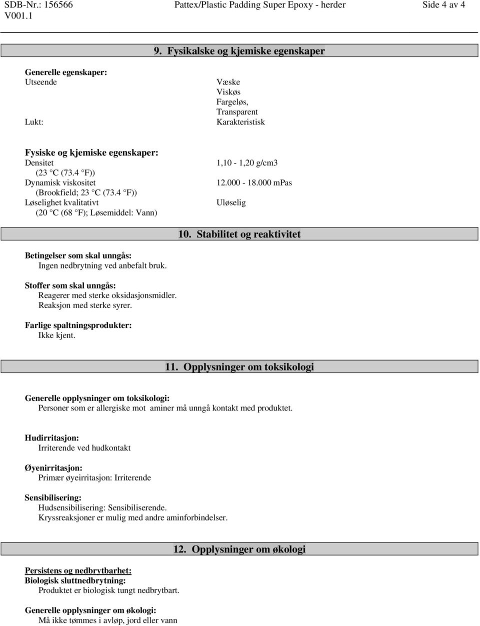 4 F)) Dynamisk viskositet (Brookfield; 23 C (73.4 F)) Løselighet kvalitativt (20 C (68 F); Løsemiddel: Vann) 1,10-1,20 g/cm3 12.000-18.000 mpas Uløselig 10.