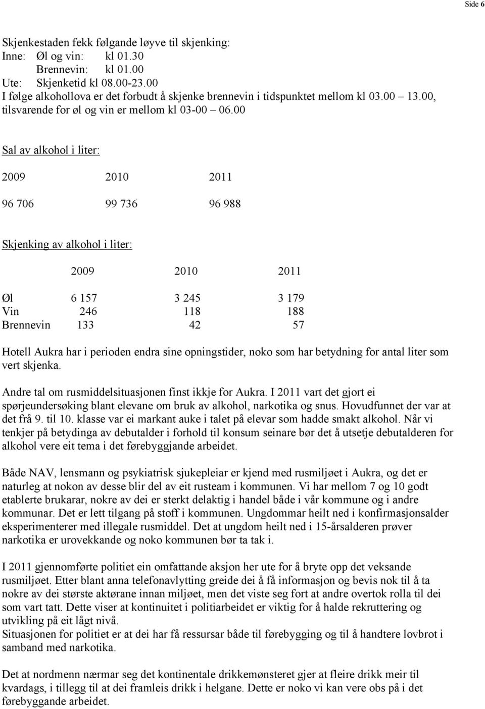 00 Sal av alkohol i liter: 2009 2010 2011 96 706 99 736 96 988 Skjenking av alkohol i liter: 2009 2010 2011 Øl 6 157 3 245 3 179 Vin 246 118 188 Brennevin 133 42 57 Hotell Aukra har i perioden endra