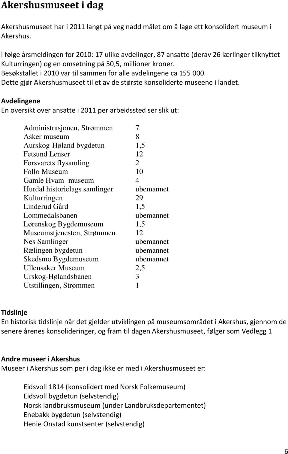 Besøkstallet i 2010 var til sammen for alle avdelingene ca 155 000. Dette gjør Akershusmuseet til et av de største konsoliderte museene i landet.