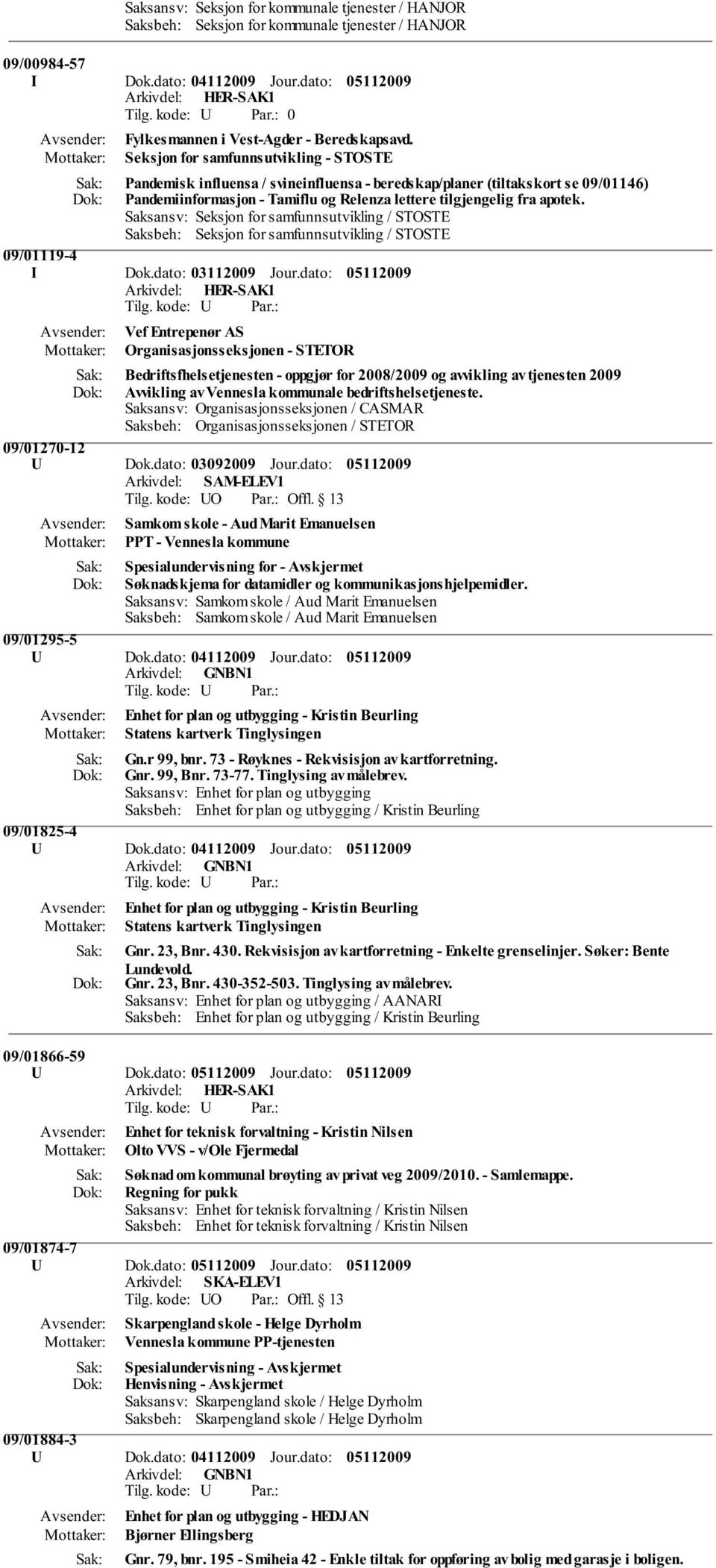 Saksansv: Seksjon for samfunnsutvikling / STOSTE Saksbeh: Seksjon for samfunnsutvikling / STOSTE 09/01119-4 I Dok.dato: 03112009 Jour.