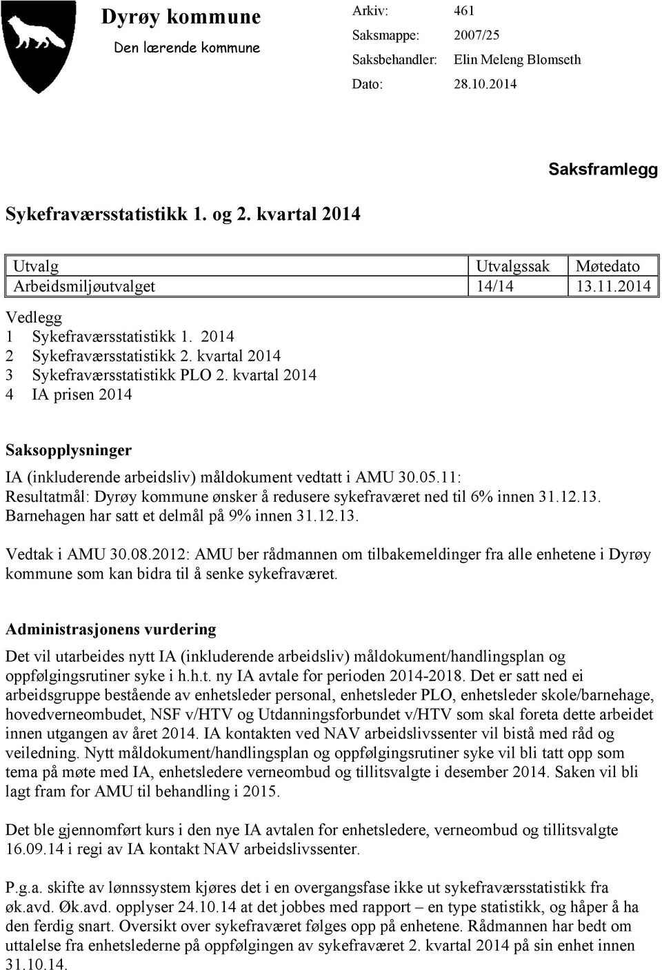 kvartal 2014 4 IA prisen 2014 Saksopplysninger IA (inkluderende arbeidsliv) måldokument vedtatt i AMU 30.05.11: Resultatmål: Dyrøy kommune ønsker å redusere sykefraværet ned til 6% innen 31.12.13.