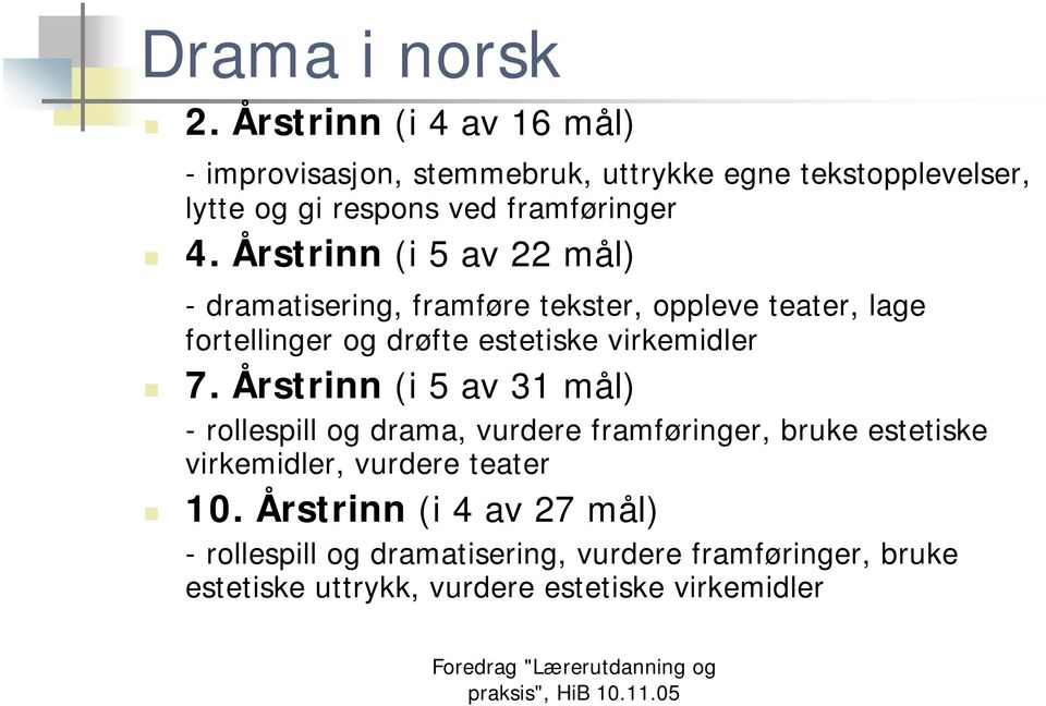 Årstrinn (i 5 av 22 mål) - dramatisering, framføre tekster, oppleve teater, lage fortellinger og drøfte estetiske virkemidler 7.