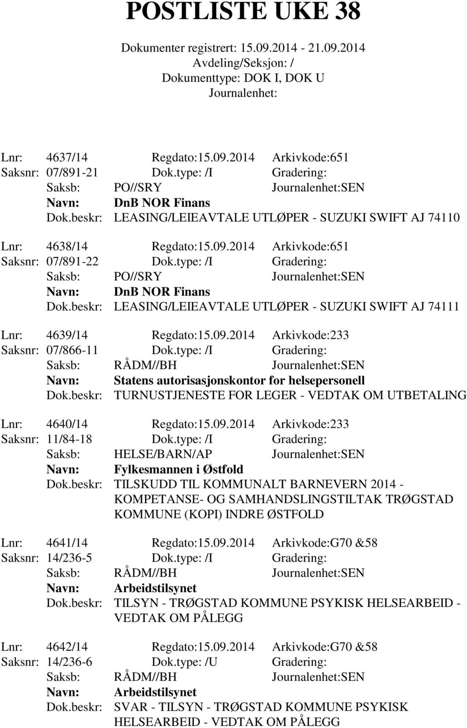 beskr: LEASING/LEIEAVTALE UTLØPER - SUZUKI SWIFT AJ 74111 Lnr: 4639/14 Regdato:15.09.2014 Arkivkode:233 Saksnr: 07/866-11 Dok.