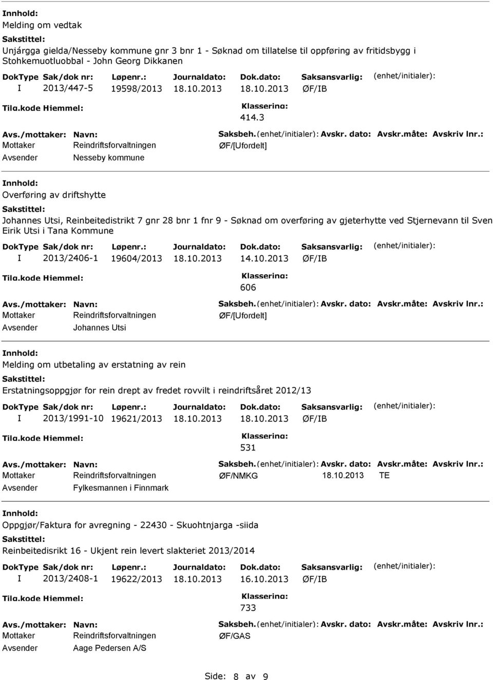 : ØF/[fordelt] Avsender Nesseby kommune nnhold: Overføring av driftshytte Johannes tsi, Reinbeitedistrikt 7 gnr 28 bnr 1 fnr 9 - Søknad om overføring av gjeterhytte ved Stjernevann til Sven Eirik tsi