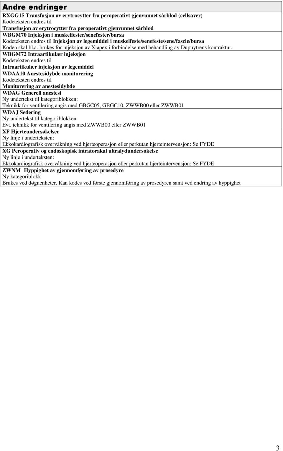 WBGM72 Intraartikulær injeksjon Kodeteksten endres til Intraartikulær injeksjon av legemiddel WDAA10 Anestesidybde monitorering Kodeteksten endres til Monitorering av anestesidybde WDAG Generell