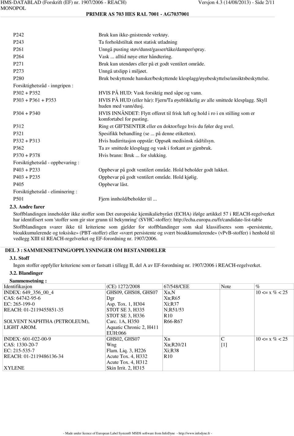 oppbevaring : P403 + P233 P403 + P235 P405 Forsiktighetsråd - eliminering : P501 Fjern innhold/beholder til... Bruk kun ikke-gnistrende verktøy.