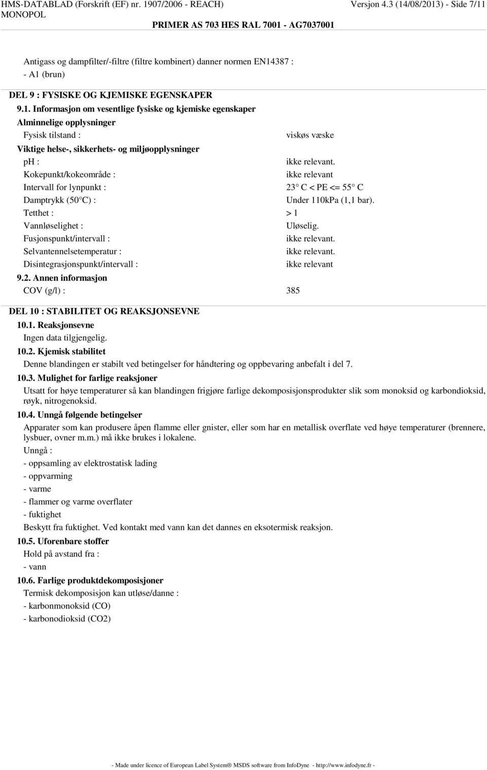 Kokepunkt/kokeområde : ikke relevant Intervall for lynpunkt : 23 C < PE <= 55 C Damptrykk (50 C) : Under 110kPa (1,1 bar). Tetthet : > 1 Vannløselighet : Uløselig.