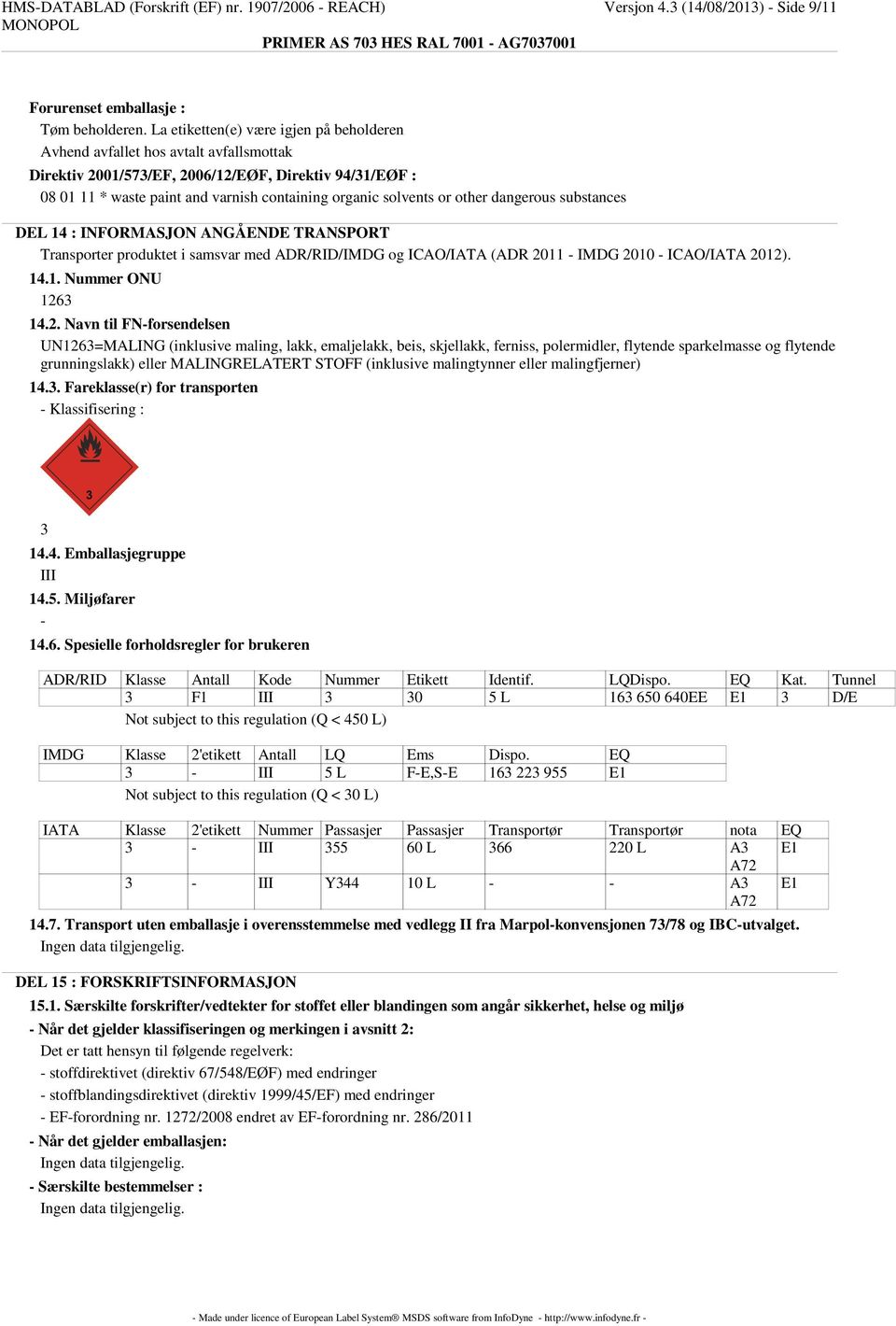 solvents or other dangerous substances DEL 14 : INFORMASJON ANGÅENDE TRANSPORT Transporter produktet i samsvar med ADR/RID/IMDG og ICAO/IATA (ADR 2011 - IMDG 2010 - ICAO/IATA 2012). 14.1. Nummer ONU 1263 14.