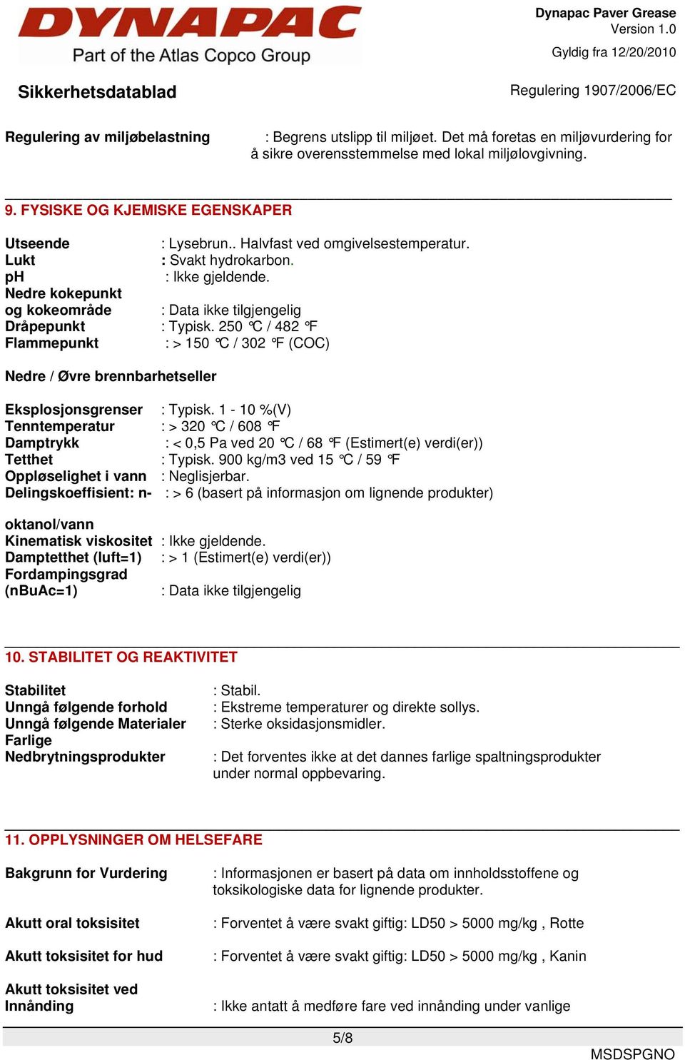 Nedre kokepunkt og kokeområde : Data ikke tilgjengelig Dråpepunkt : Typisk. 250 C / 482 F Flammepunkt : > 150 C / 302 F (COC) Nedre / Øvre brennbarhetseller Eksplosjonsgrenser : Typisk.