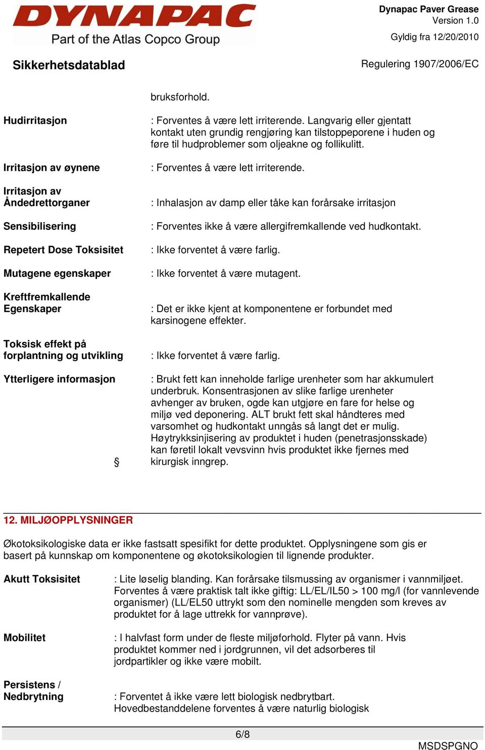 : Forventes å være lett irriterende. Langvarig eller gjentatt kontakt uten grundig rengjøring kan tilstoppeporene i huden og føre til hudproblemer som oljeakne og follikulitt.