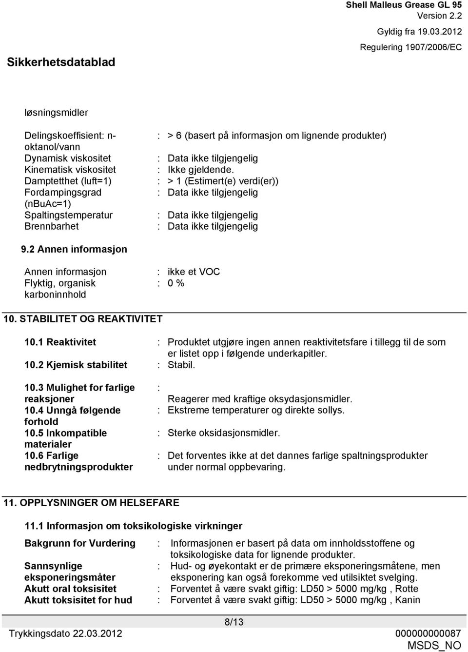 2 Annen informasjon Annen informasjon Flyktig, organisk karboninnhold : ikke et VOC : 0 % 10. STABILITET OG REAKTIVITET 10.