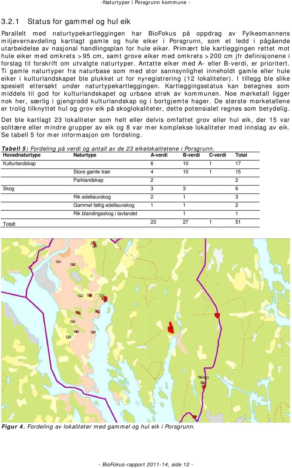 Primært ble kartleggingen rettet mot hule eiker med omkrets >95 cm, samt grove eiker med omkrets >200 cm jfr definisjonene i forslag til forskrift om utvalgte naturtyper.