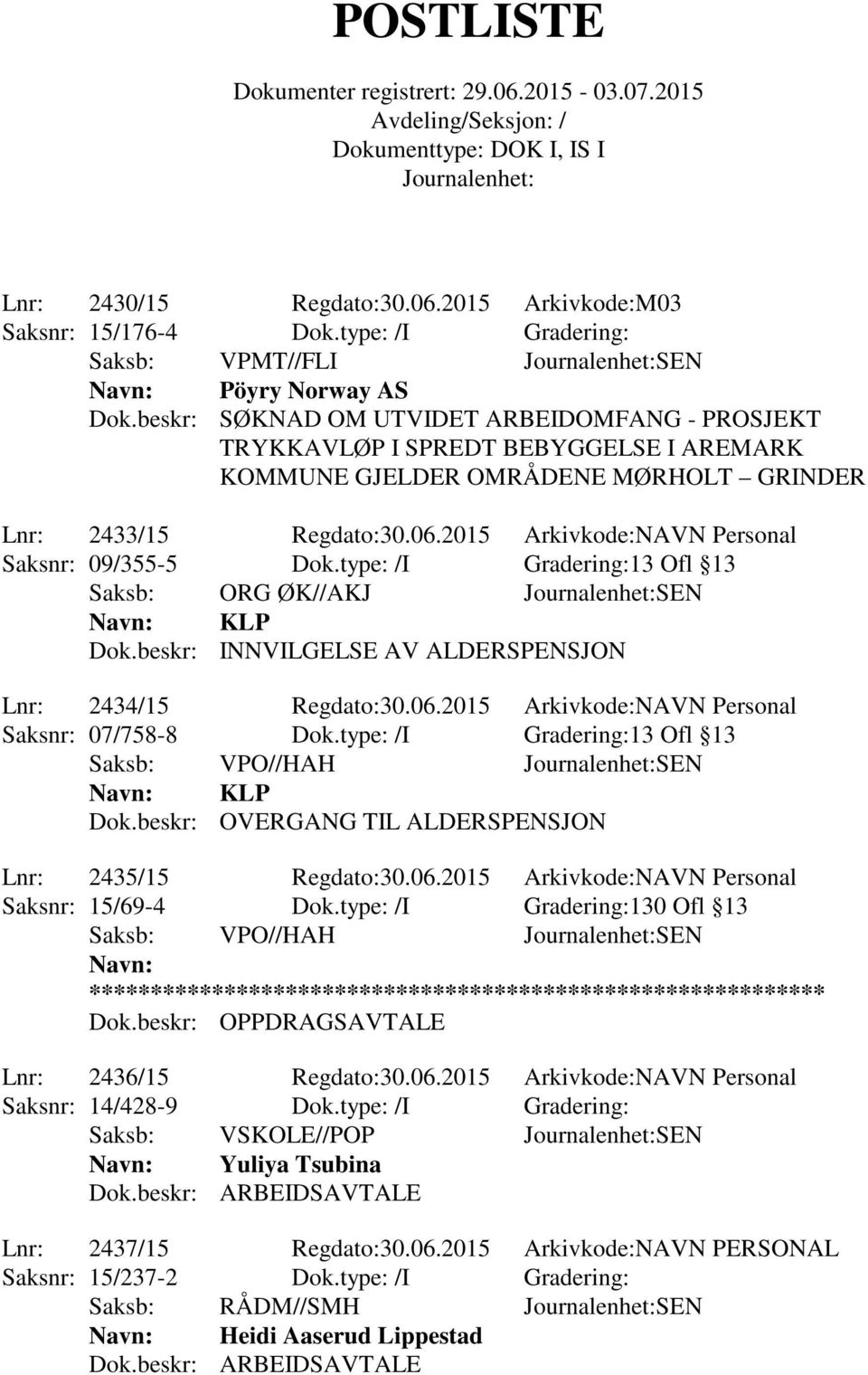 2015 Arkivkode:NAVN Personal Saksnr: 09/355-5 Dok.type: /I Gradering:13 Ofl 13 Saksb: ORG ØK//AKJ SEN KLP Dok.beskr: INNVILGELSE AV ALDERSPENSJON Lnr: 2434/15 Regdato:30.06.