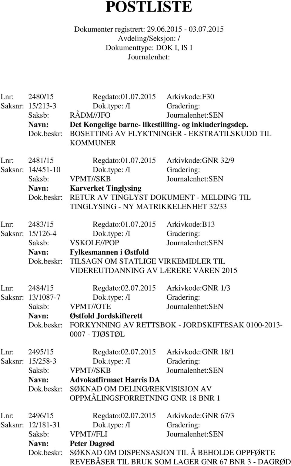 beskr: RETUR AV TINGLYST DOKUMENT - MELDING TIL TINGLYSING - NY MATRIKKELENHET 32/33 Lnr: 2483/15 Regdato:01.07.2015 Arkivkode:B13 Saksnr: 15/126-4 Dok.