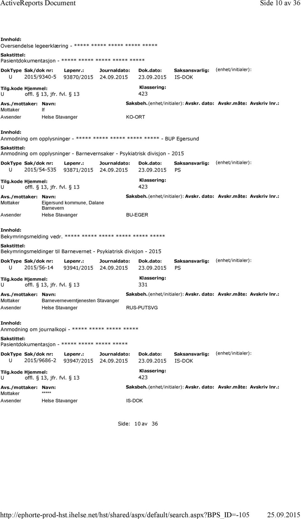 : KO-ORT Anmodning om opplysninger - ***** ***** ***** ***** ***** - BP Egersund Anmodning om opplysninger - Barnevernsaker - Psykiatrisk divisjon - 2015 2015/54-535 93871/2015 PS Mottaker Eigersund