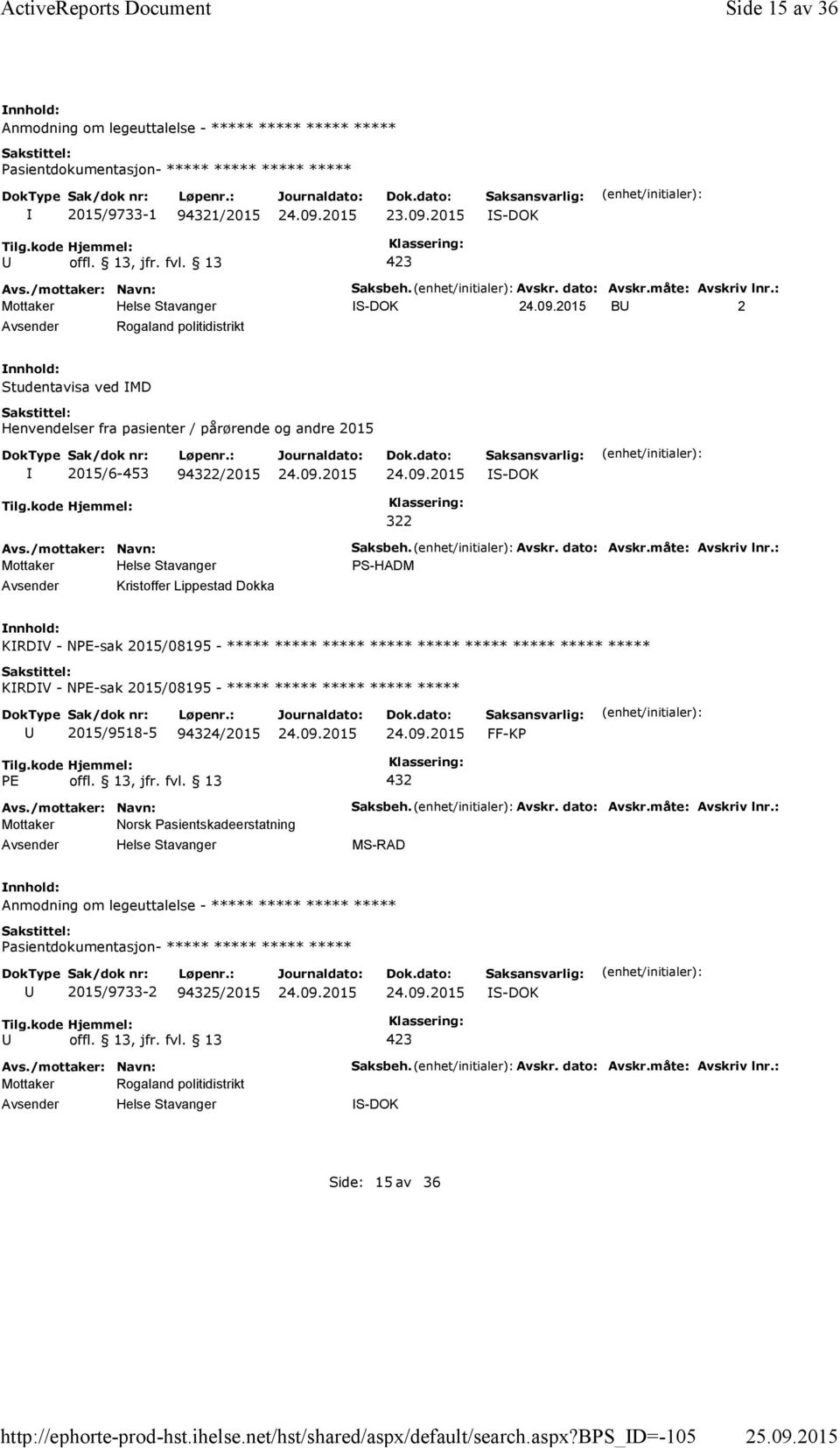 måte: Avskriv lnr.: B 2 Rogaland politidistrikt Studentavisa ved MD Henvendelser fra pasienter / pårørende og andre 2015 2015/6-453 94322/2015 Tilg.