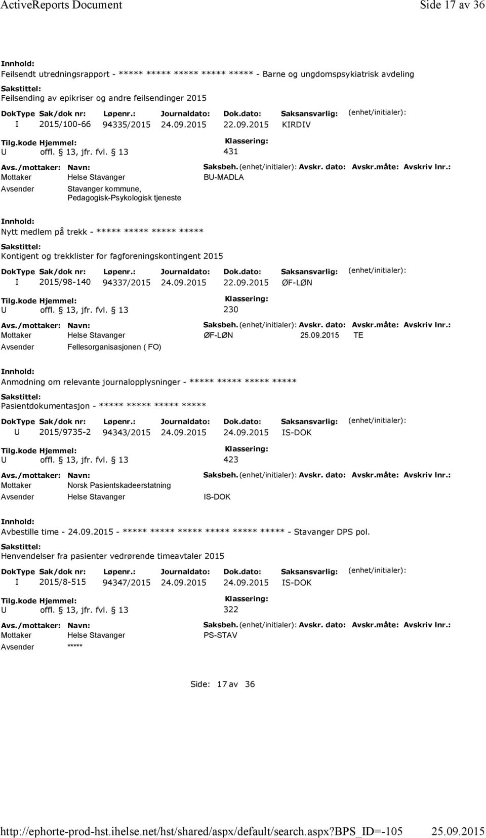 bps_d=-105 Side 17 av 36 Feilsendt utredningsrapport - ***** ***** ***** ***** ***** - Barne og ungdomspsykiatrisk avdeling Feilsending av epikriser og andre feilsendinger 2015 2015/100-66 94335/2015