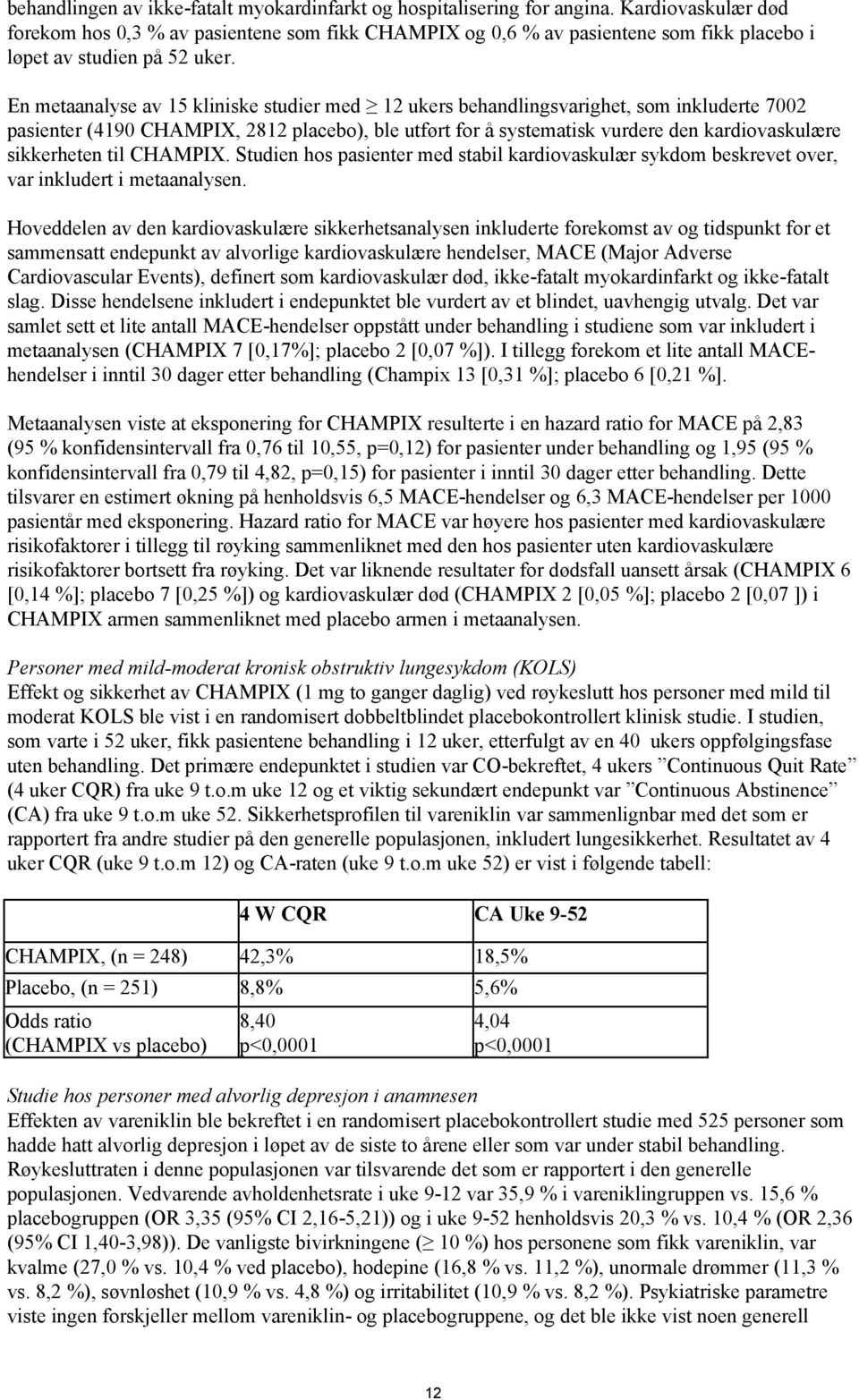 En metaanalyse av 15 kliniske studier med 12 ukers behandlingsvarighet, som inkluderte 7002 pasienter (4190 CHAMPIX, 2812 placebo), ble utført for å systematisk vurdere den kardiovaskulære