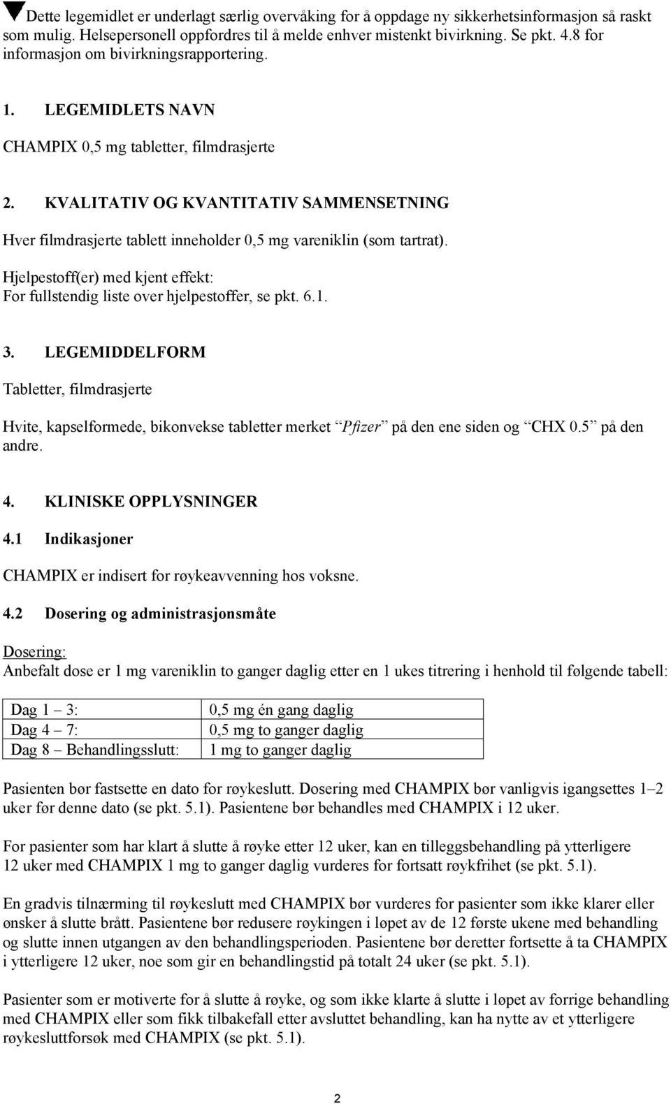 KVALITATIV OG KVANTITATIV SAMMENSETNING Hver filmdrasjerte tablett inneholder 0,5 mg vareniklin (som tartrat). Hjelpestoff(er) med kjent effekt: For fullstendig liste over hjelpestoffer, se pkt. 6.1.