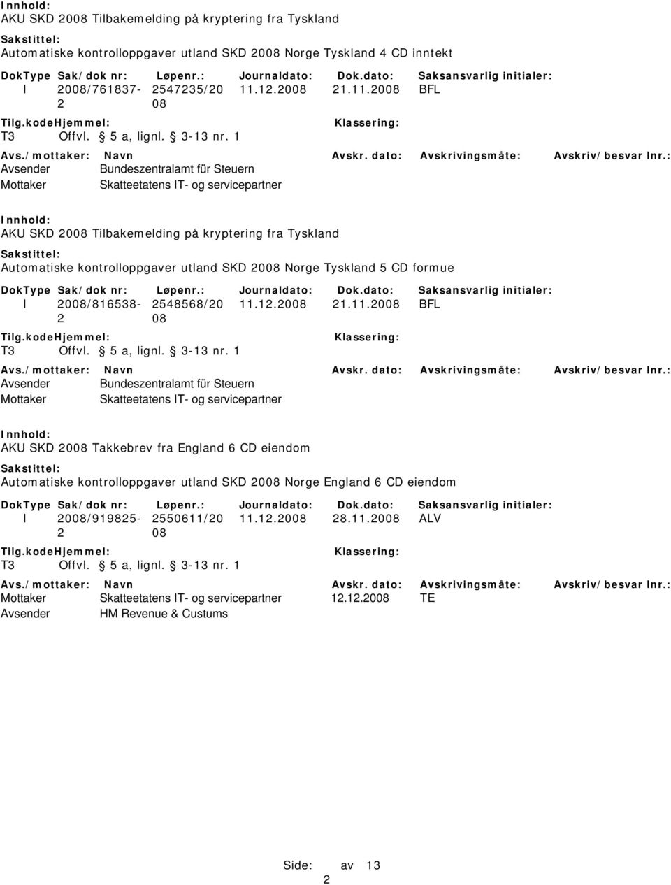 2008 BFL Avsender Bundeszentralamt für Steuern Mottaker Skatteetatens IT- og servicepartner AKU SKD 2008 Tilbakemelding på kryptering fra Tyskland Automatiske kontrolloppgaver utland SKD 2008