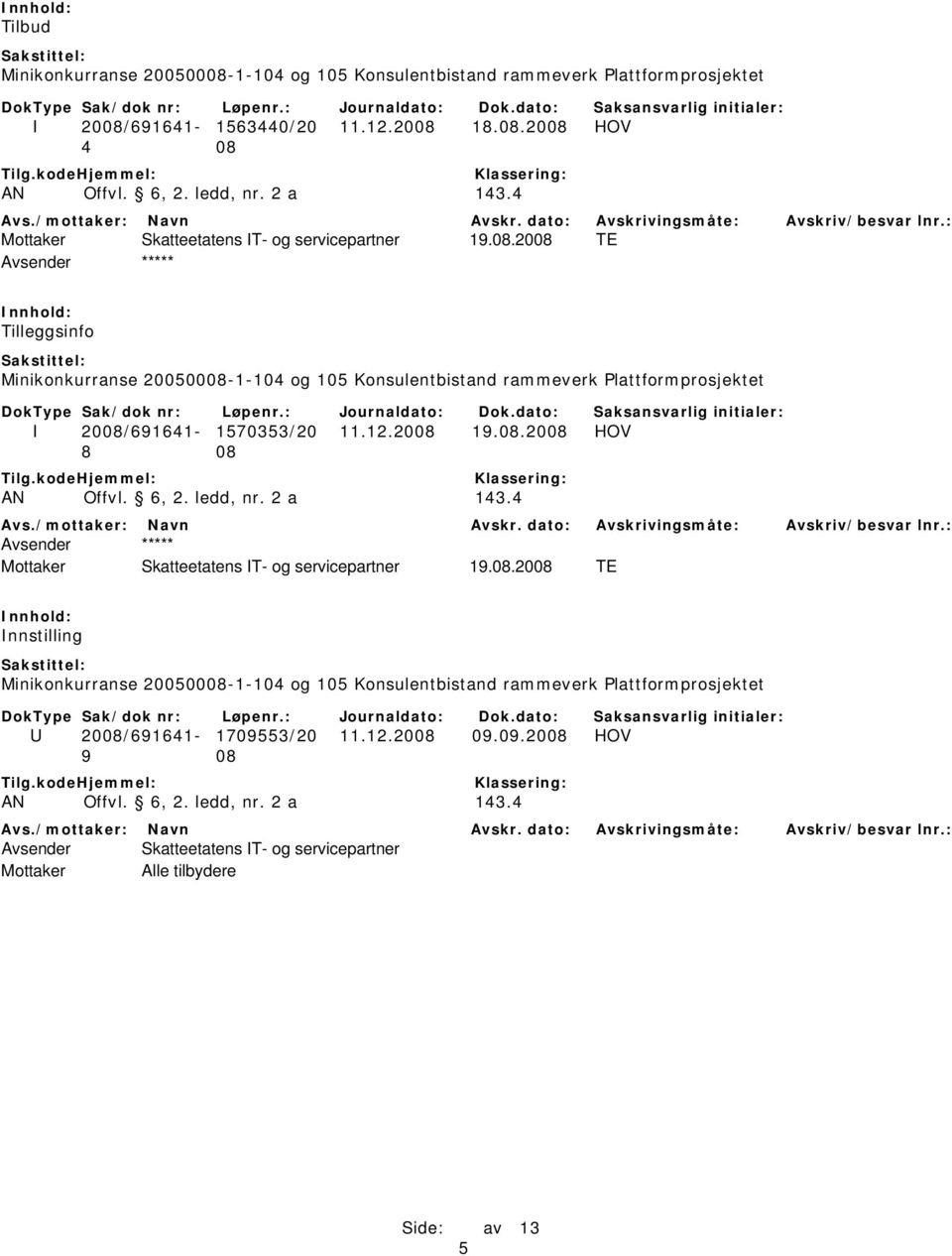 08.2008 TE Innstilling U 2008/691641-1709553/20 11.12.2008 09.09.2008 HOV 9 08 Mottaker Alle tilbydere 5