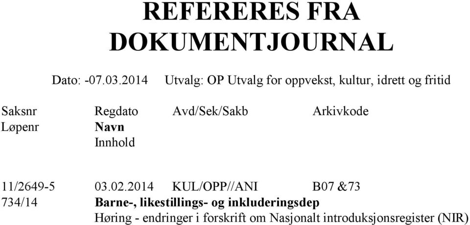 Avd/Sek/Sakb Arkivkode Løpenr Navn Innhold 11/2649-5 03.02.