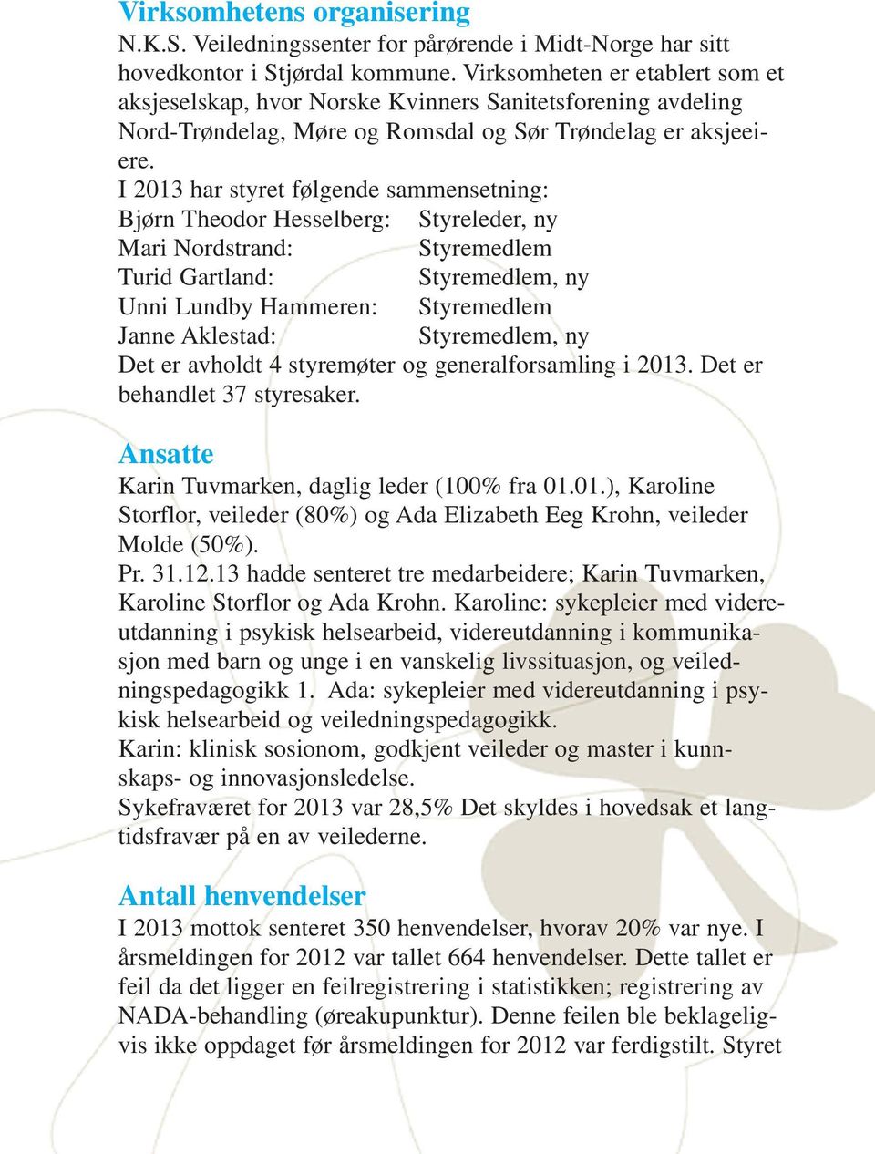 I 2013 har styret følgende sammensetning: Bjørn Theodor Hesselberg: Styreleder, ny Mari Nordstrand: Styremedlem Turid Gartland: Styremedlem, ny Unni Lundby Hammeren: Styremedlem Janne Aklestad: