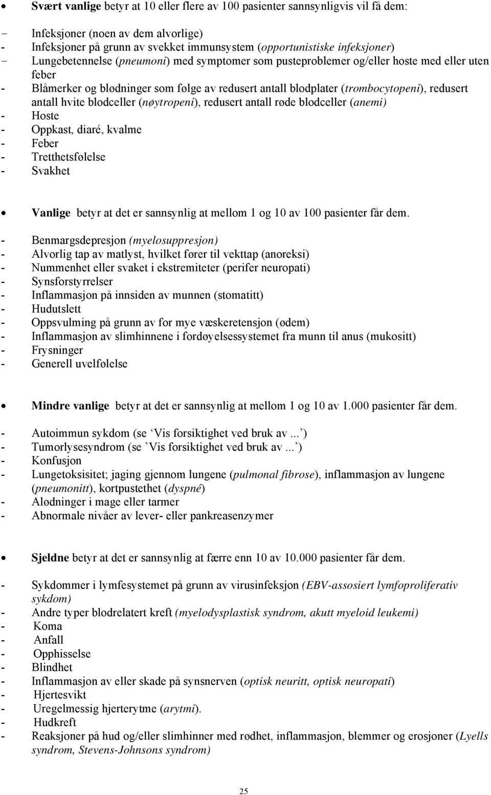 hvite blodceller (nøytropeni), redusert antall røde blodceller (anemi) - Hoste - Oppkast, diaré, kvalme - Feber - Tretthetsfølelse - Svakhet Vanlige betyr at det er sannsynlig at mellom 1 og 10 av