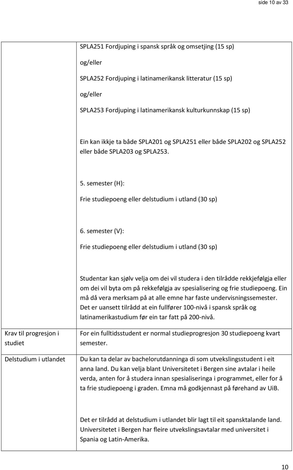 semester (V): Frie studiepoeng eller delstudium i utland (30 sp) Studentar kan sjølv velja om dei vil studera i den tilrådde rekkjefølgja eller om dei vil byta om på rekkefølgja av spesialisering og