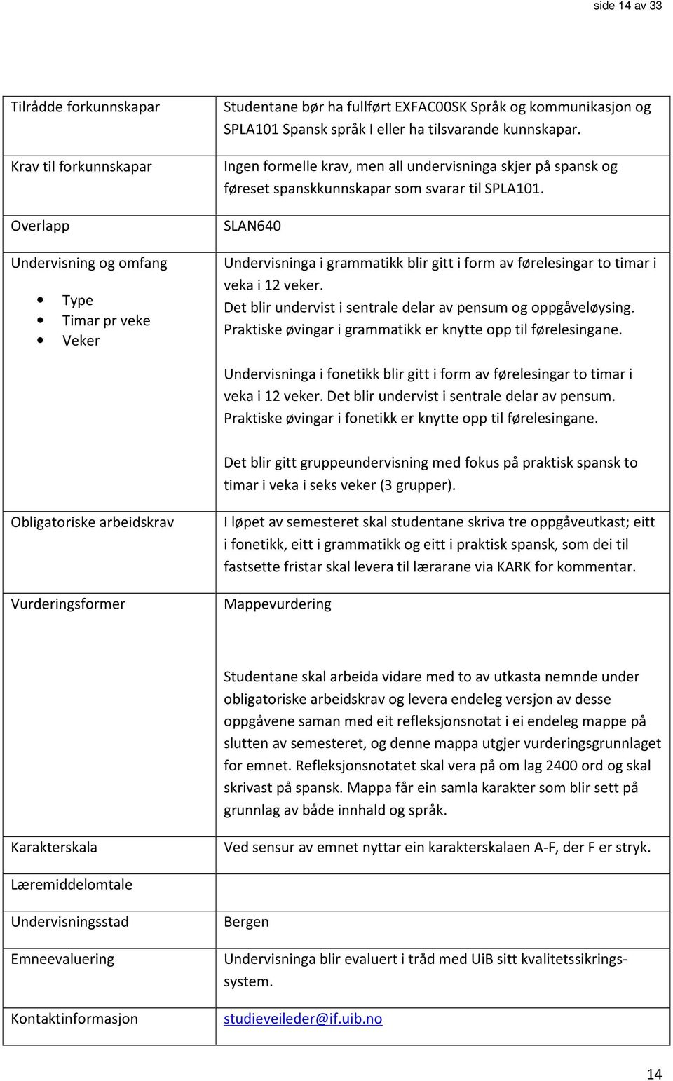 SLAN640 Undervisninga i grammatikk blir gitt i form av førelesingar to timar i veka i 12 veker. Det blir undervist i sentrale delar av pensum og oppgåveløysing.