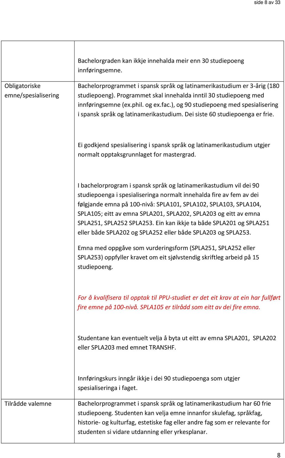 og ex.fac.), og 90 studiepoeng med spesialisering i spansk språk og latinamerikastudium. Dei siste 60 studiepoenga er frie.