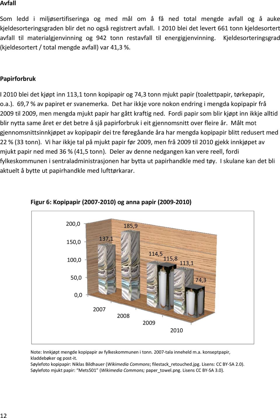 Papirforbruk I 2010 blei det kjøpt inn 113,1 tonn kopipapir og 74,3 tonn mjukt papir (toalettpapir, tørkepapir, o.a.). 69,7 % av papiret er svanemerka.