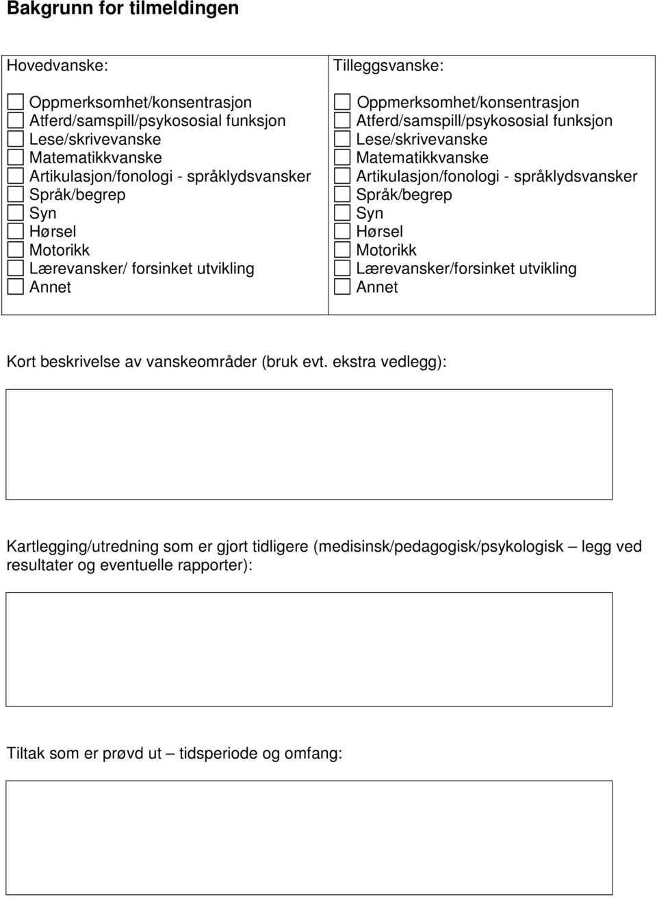 Lese/skrivevanske Matematikkvanske Artikulasjon/fonologi - språklydsvansker Språk/begrep Syn Hørsel Motorikk Lærevansker/forsinket utvikling Annet Kort beskrivelse av