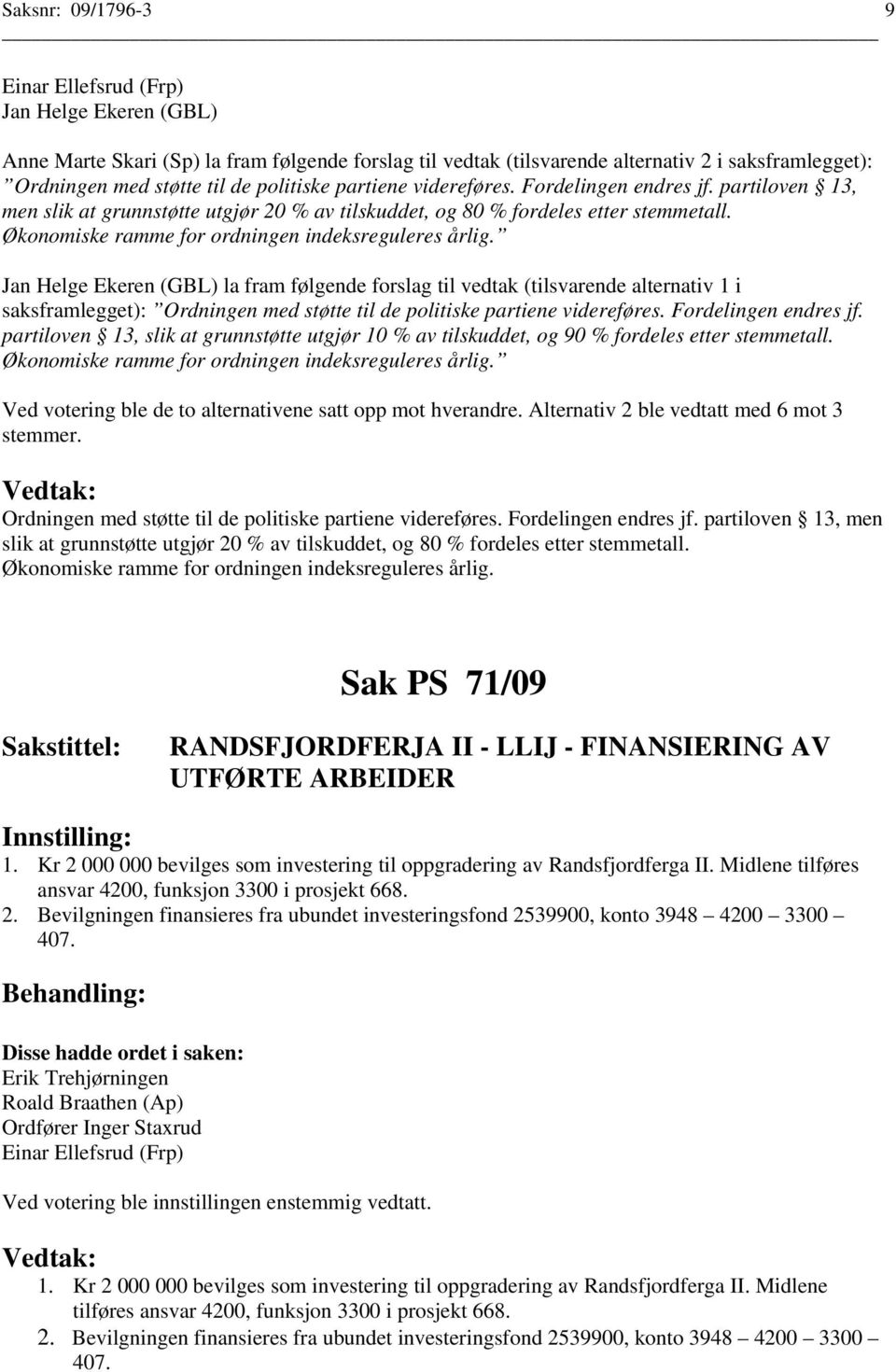 Jan Helge Ekeren (GBL) la fram følgende forslag til vedtak (tilsvarende alternativ 1 i saksframlegget): Ordningen med støtte til de politiske partiene videreføres. Fordelingen endres jf.