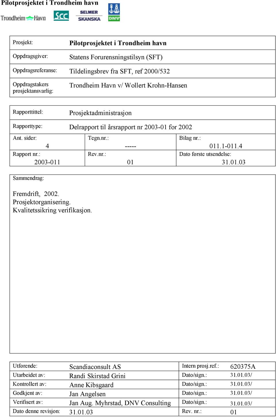 4 Dato første utsendelse: 31.01.03 Sammendrag: Fremdrift, 2002. Prosjektorganisering. Kvalitetssikring verifikasjon. Utførende: Scandiaconsult AS Intern prosj.ref.