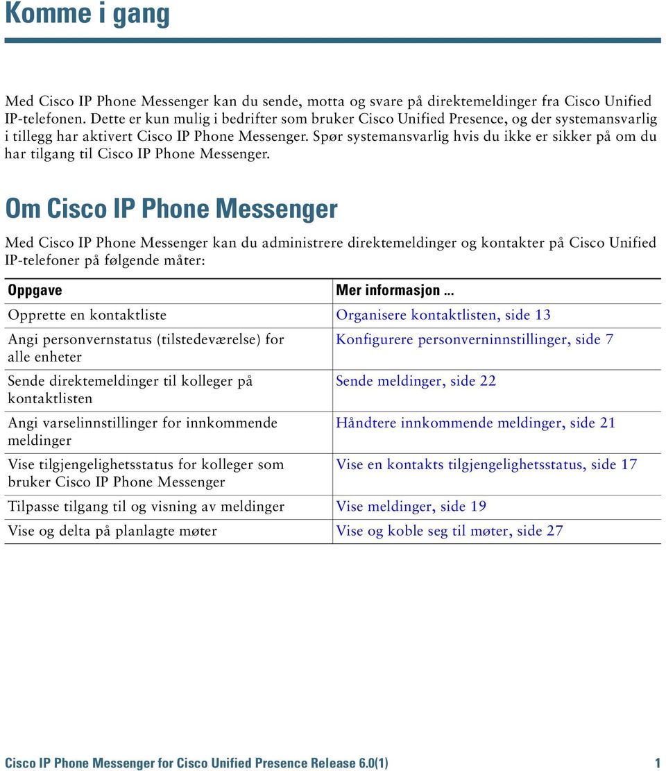 Spør systemansvarlig hvis du ikke er sikker på om du har tilgang til Cisco IP Phone Messenger.