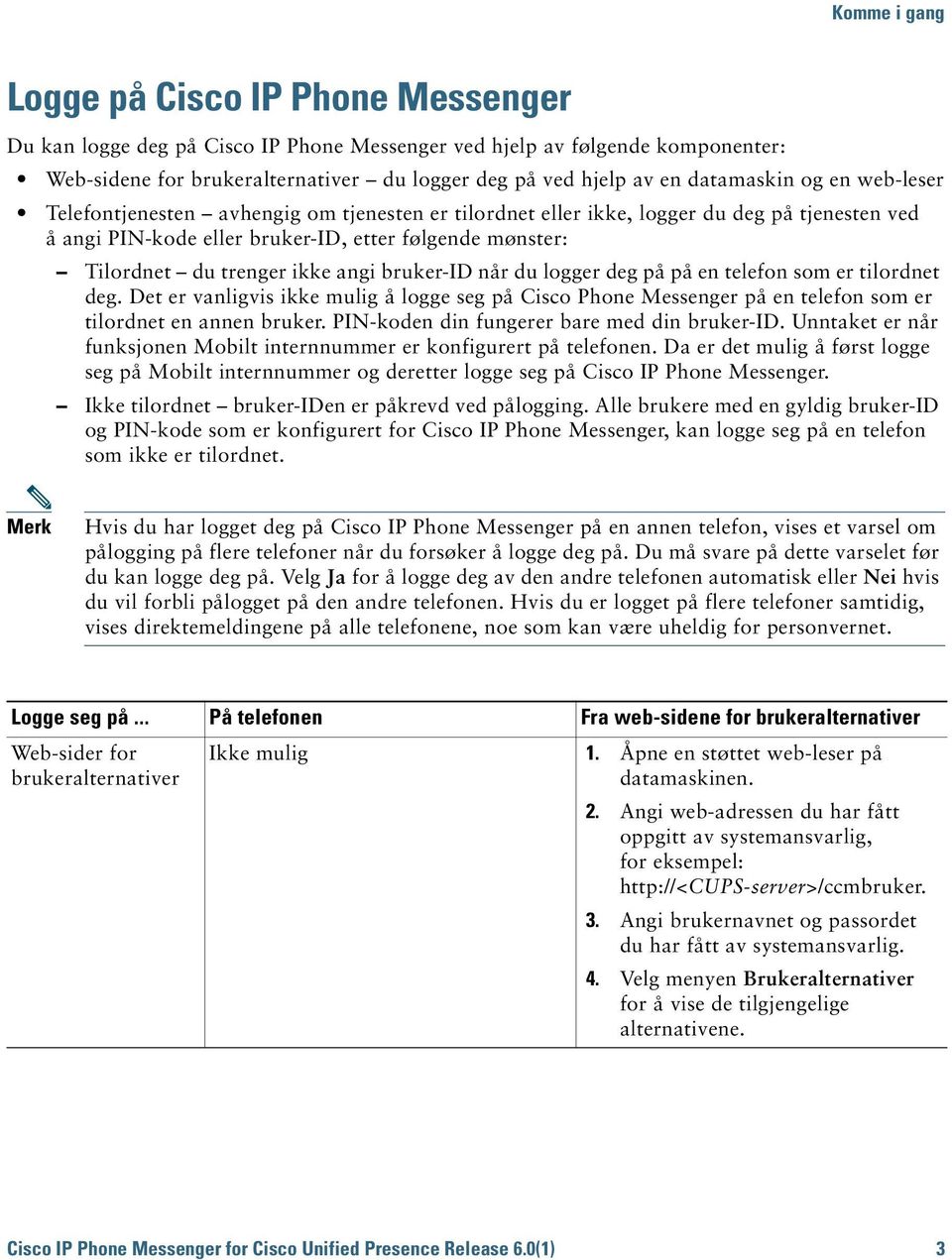 ikke angi bruker-id når du logger deg på på en telefon som er tilordnet deg. Det er vanligvis ikke mulig å logge seg på Cisco Phone Messenger på en telefon som er tilordnet en annen bruker.