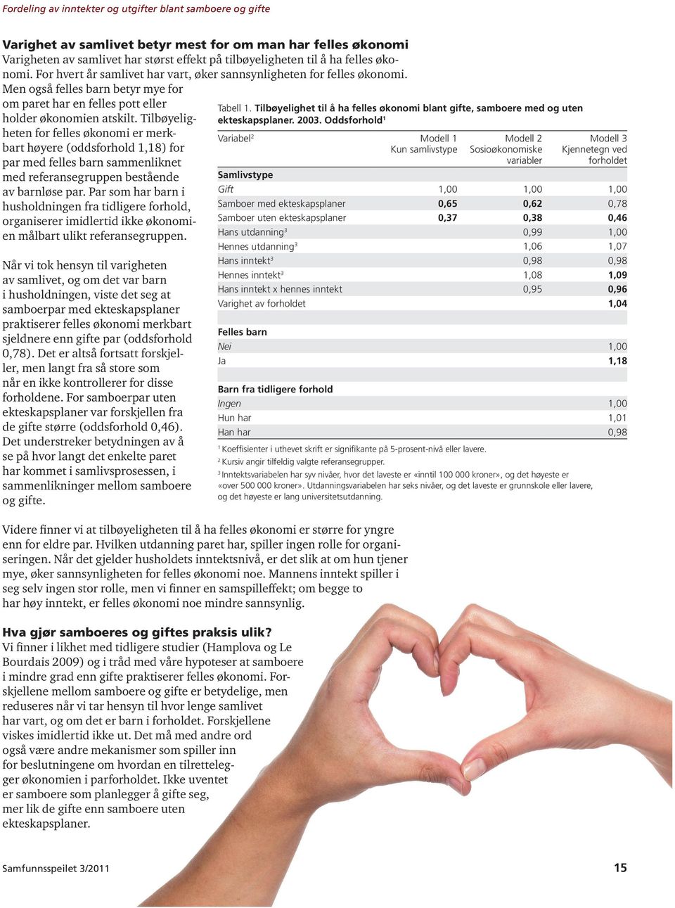 Tilbøyeligheten for felles økonomi er merkbart høyere (oddsforhold 1,18) for par med felles barn sammenliknet med referansegruppen bestående av barnløse par.