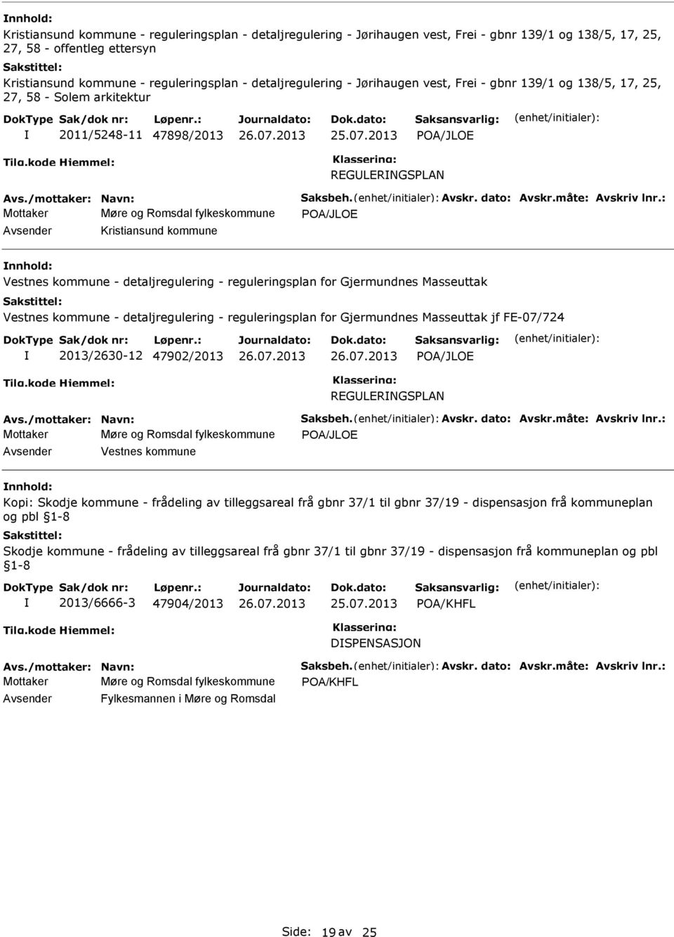 2013 POA/JLOE REGLERNGSPLAN Møre og Romsdal fylkeskommune POA/JLOE Kristiansund kommune Vestnes kommune - detaljregulering - reguleringsplan for Gjermundnes Masseuttak Vestnes kommune -