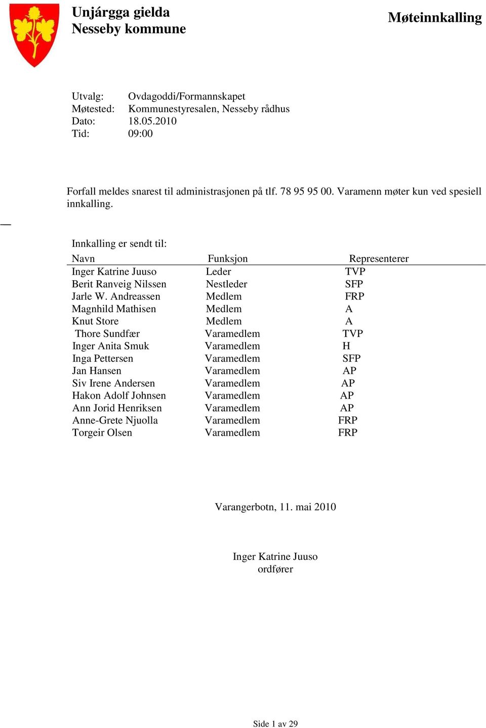 Innkalling er sendt til: Navn Funksjon Representerer Inger Katrine Juuso Leder TVP Berit Ranveig Nilssen Nestleder SFP Jarle W.