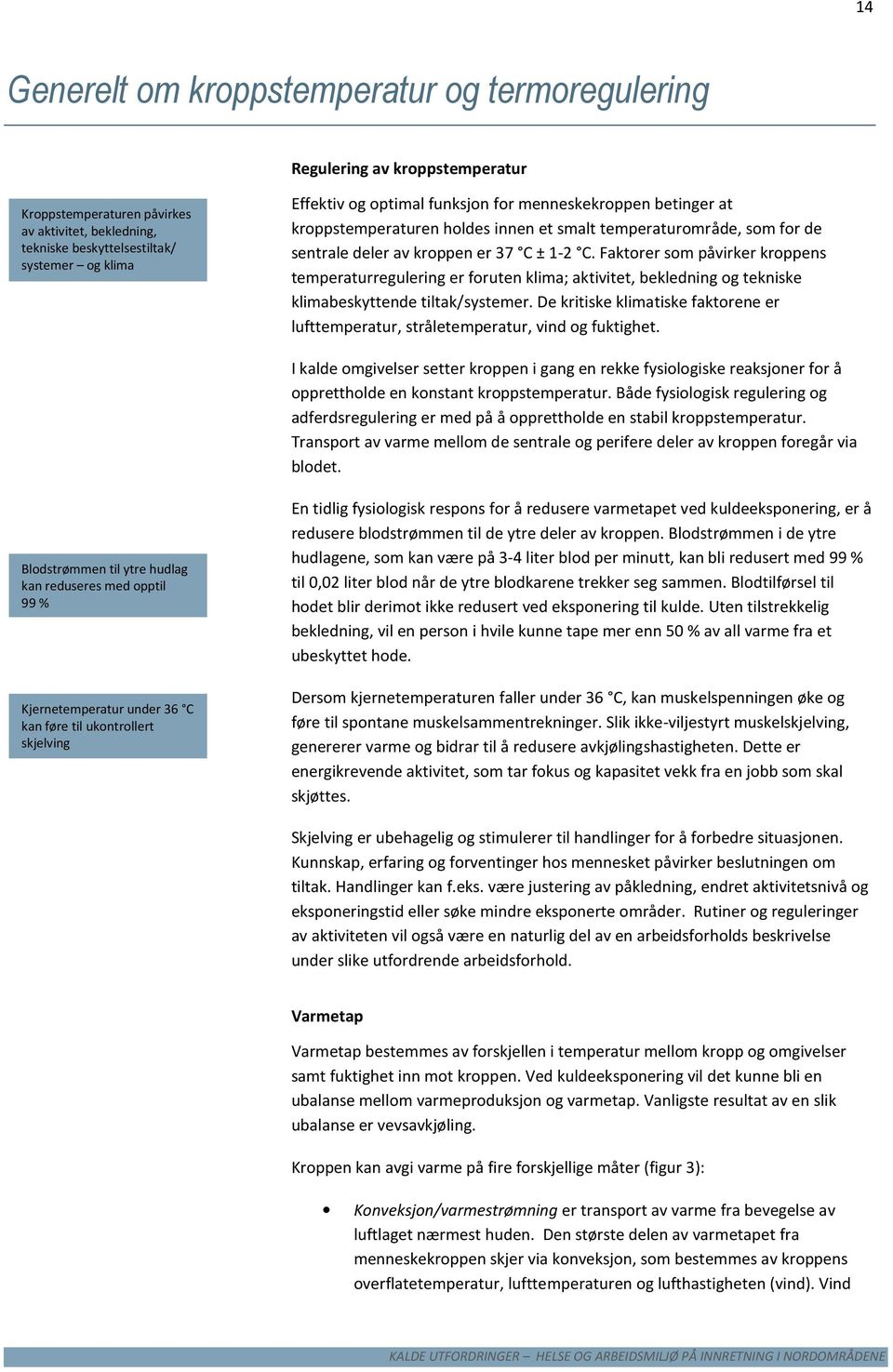 Faktorer som påvirker kroppens temperaturregulering er foruten klima; aktivitet, bekledning og tekniske klimabeskyttende tiltak/systemer.