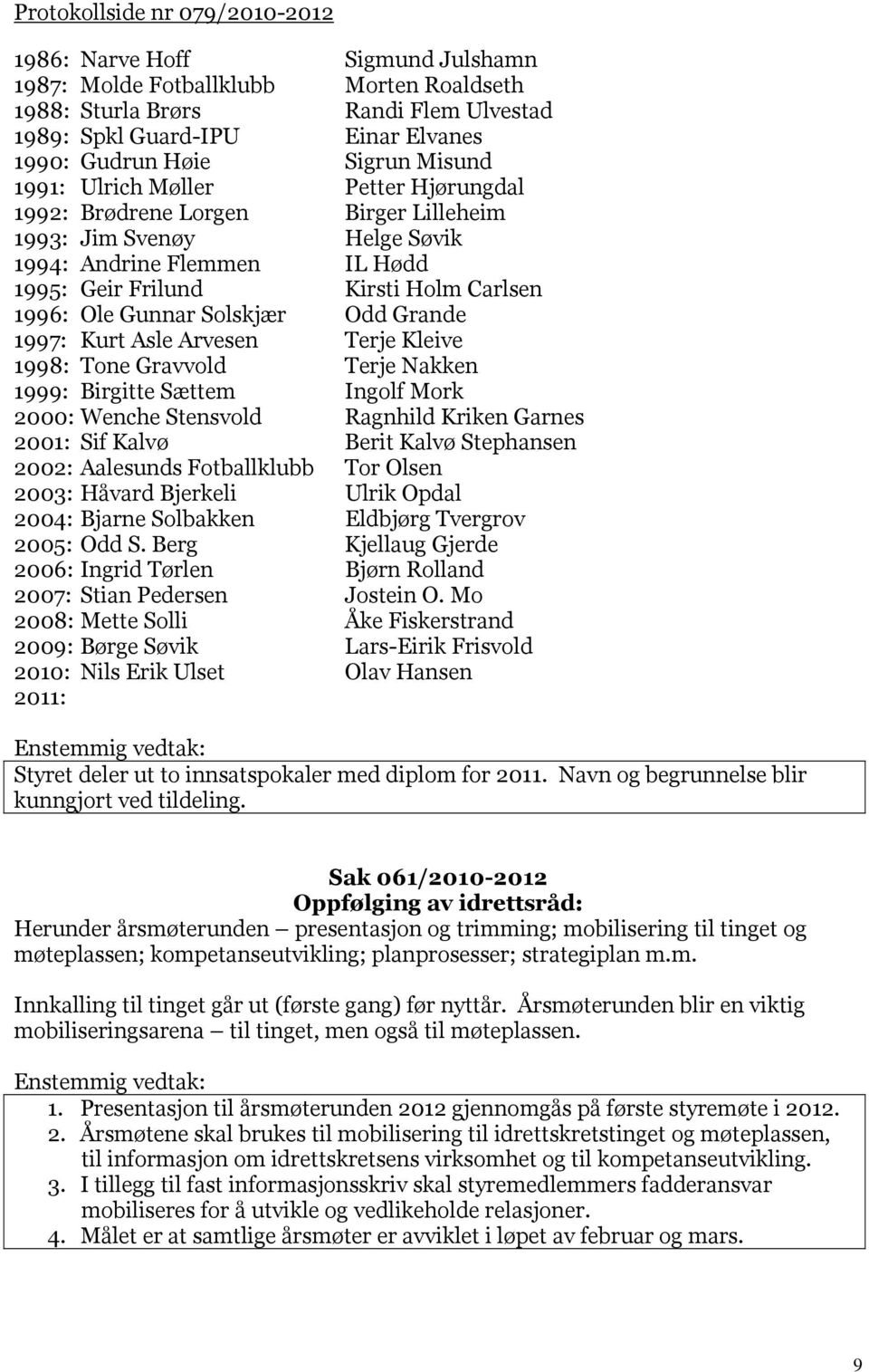 Gunnar Solskjær Odd Grande 1997: Kurt Asle Arvesen Terje Kleive 1998: Tone Gravvold Terje Nakken 1999: Birgitte Sættem Ingolf Mork 2000: Wenche Stensvold Ragnhild Kriken Garnes 2001: Sif Kalvø Berit