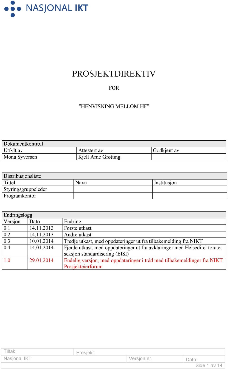 3 10.01.2014 Tredje utkast, med oppdateringer ut fra tilbakemelding fra NIKT 0.4 14.01.2014 Fjerde utkast, med oppdateringer ut fra avklaringer med Helsedirektoratet seksjon standardisering (EISI) 1.