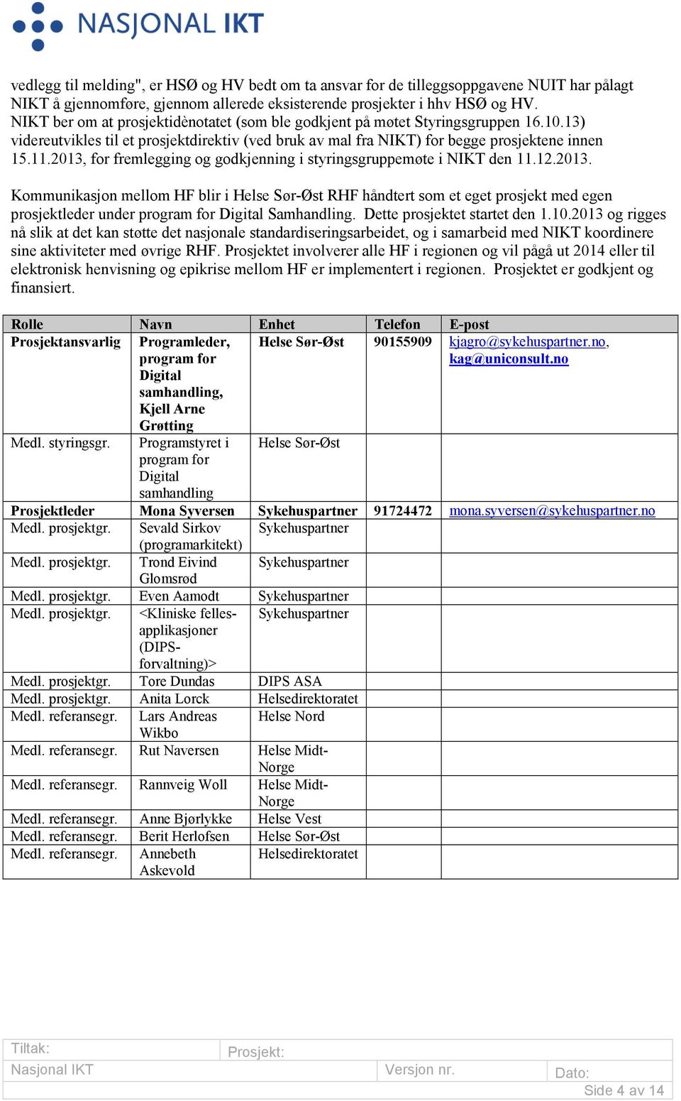 2013, for fremlegging og godkjenning i styringsgruppemøte i NIKT den 11.12.2013. Kommunikasjon mellom HF blir i Helse Sør-Øst RHF håndtert som et eget prosjekt med egen prosjektleder under program for Digital Samhandling.