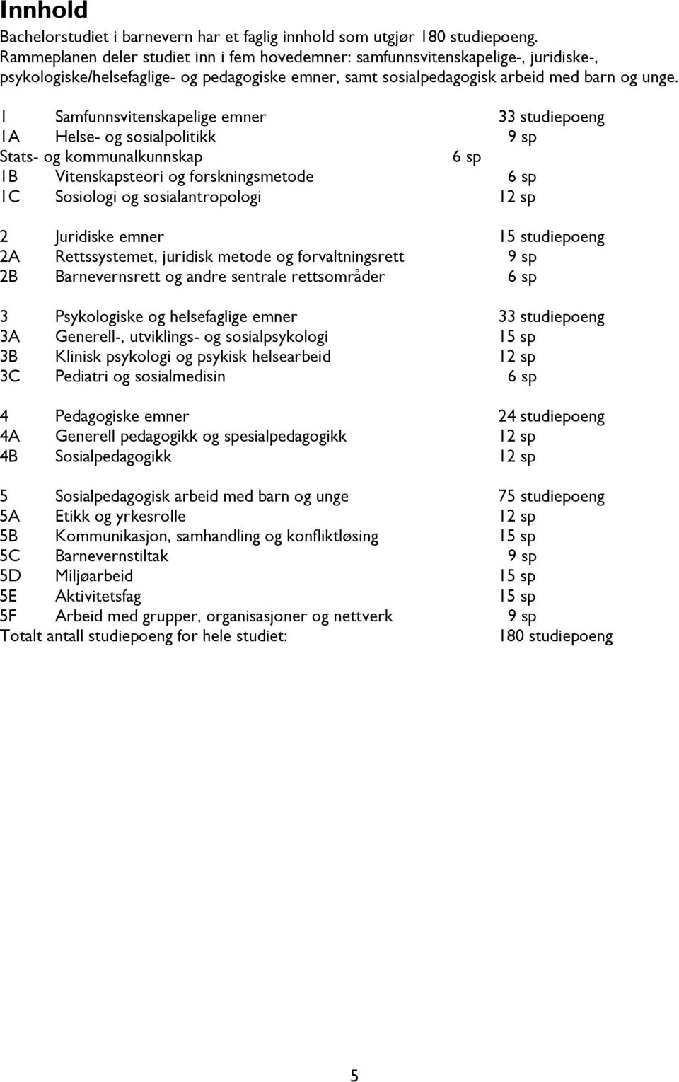 1 Samfunnsvitenskapelige emner 33 studiepoeng 1A Helse- og sosialpolitikk 9 sp Stats- og kommunalkunnskap 6 sp 1B Vitenskapsteori og forskningsmetode 6 sp 1C Sosiologi og sosialantropologi 12 sp 2