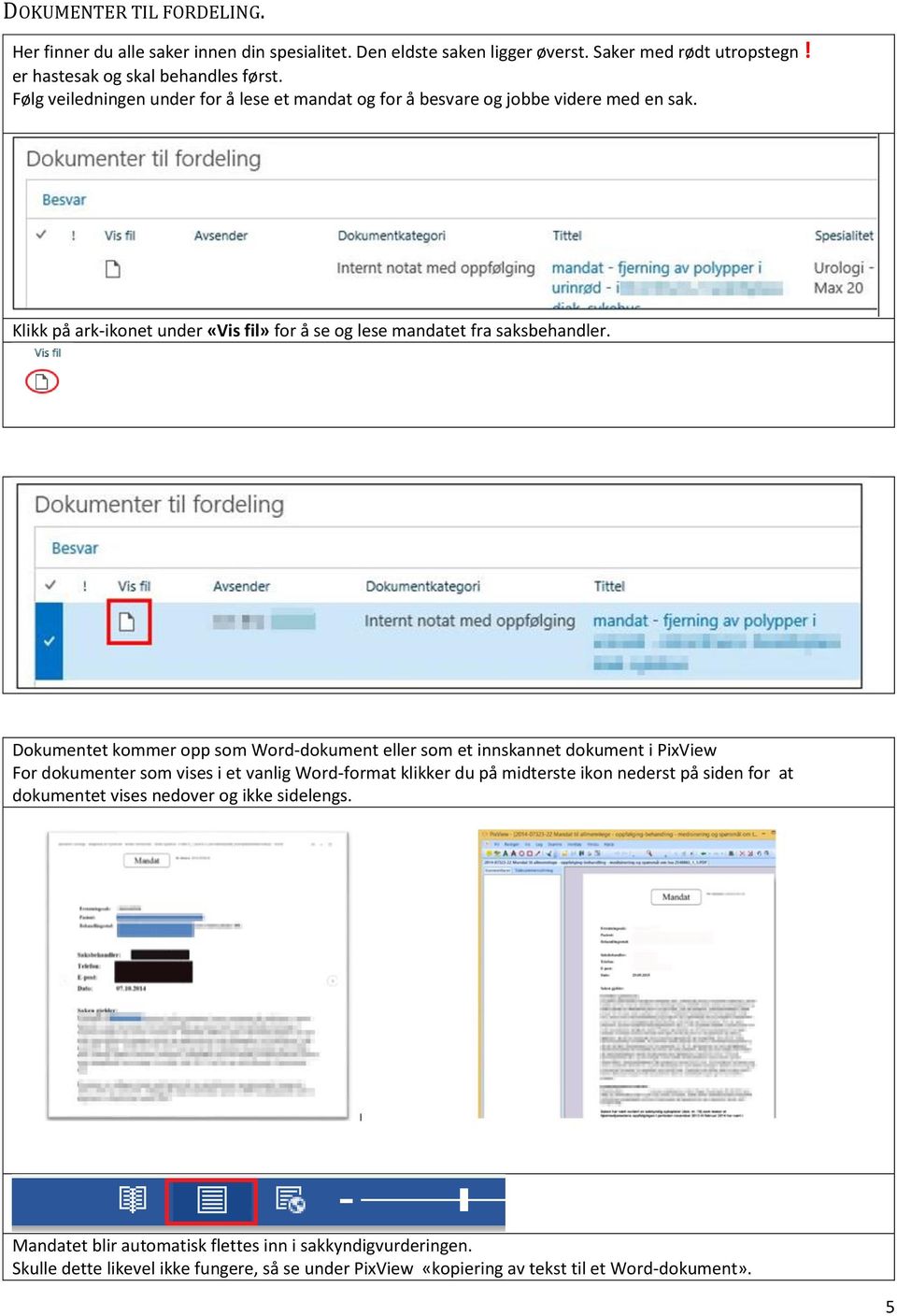 Dokumentet kommer opp som Word-dokument eller som et innskannet dokument i PixView For dokumenter som vises i et vanlig Word-format klikker du på midterste ikon nederst på siden for