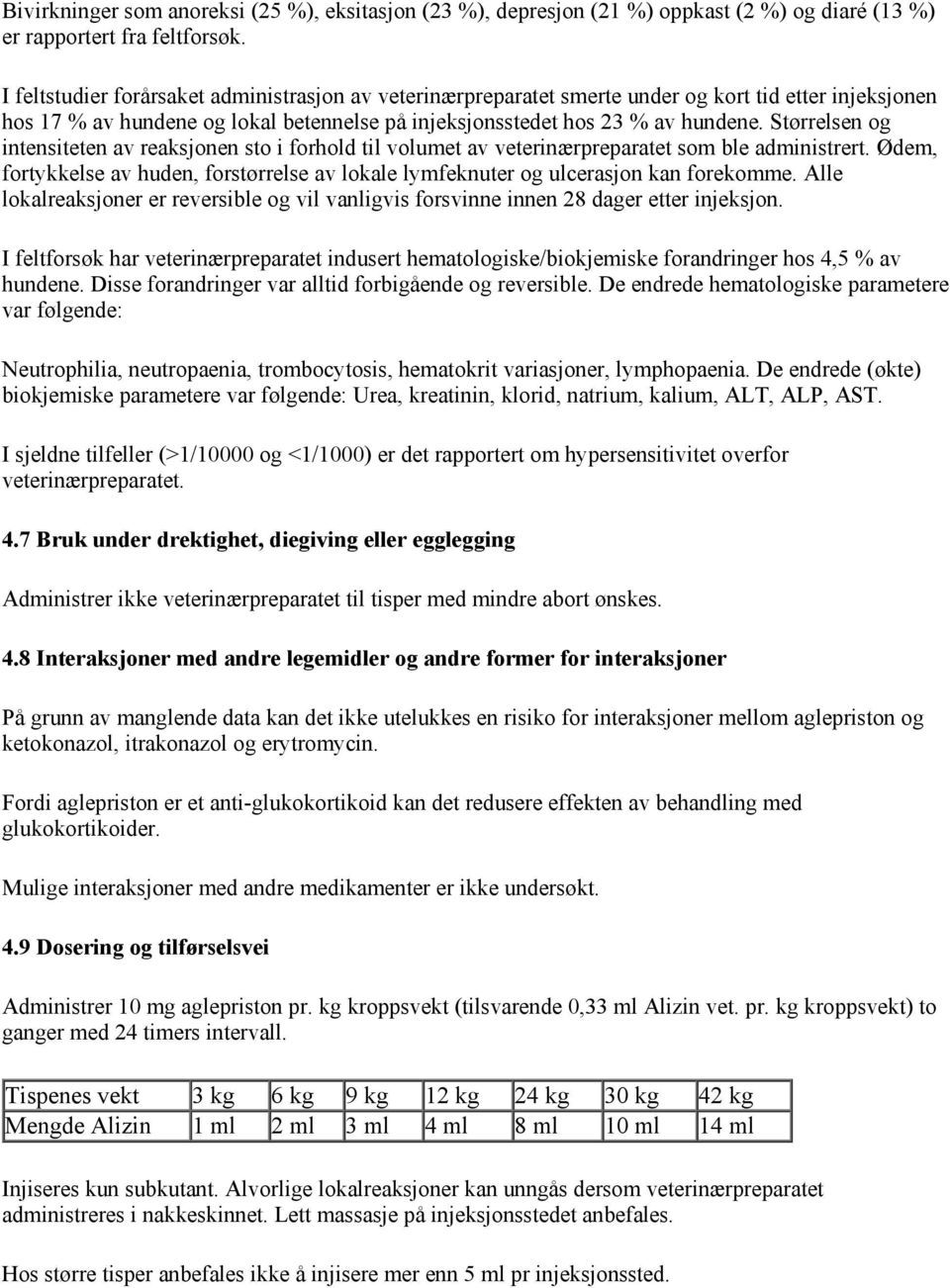 Størrelsen og intensiteten av reaksjonen sto i forhold til volumet av veterinærpreparatet som ble administrert.